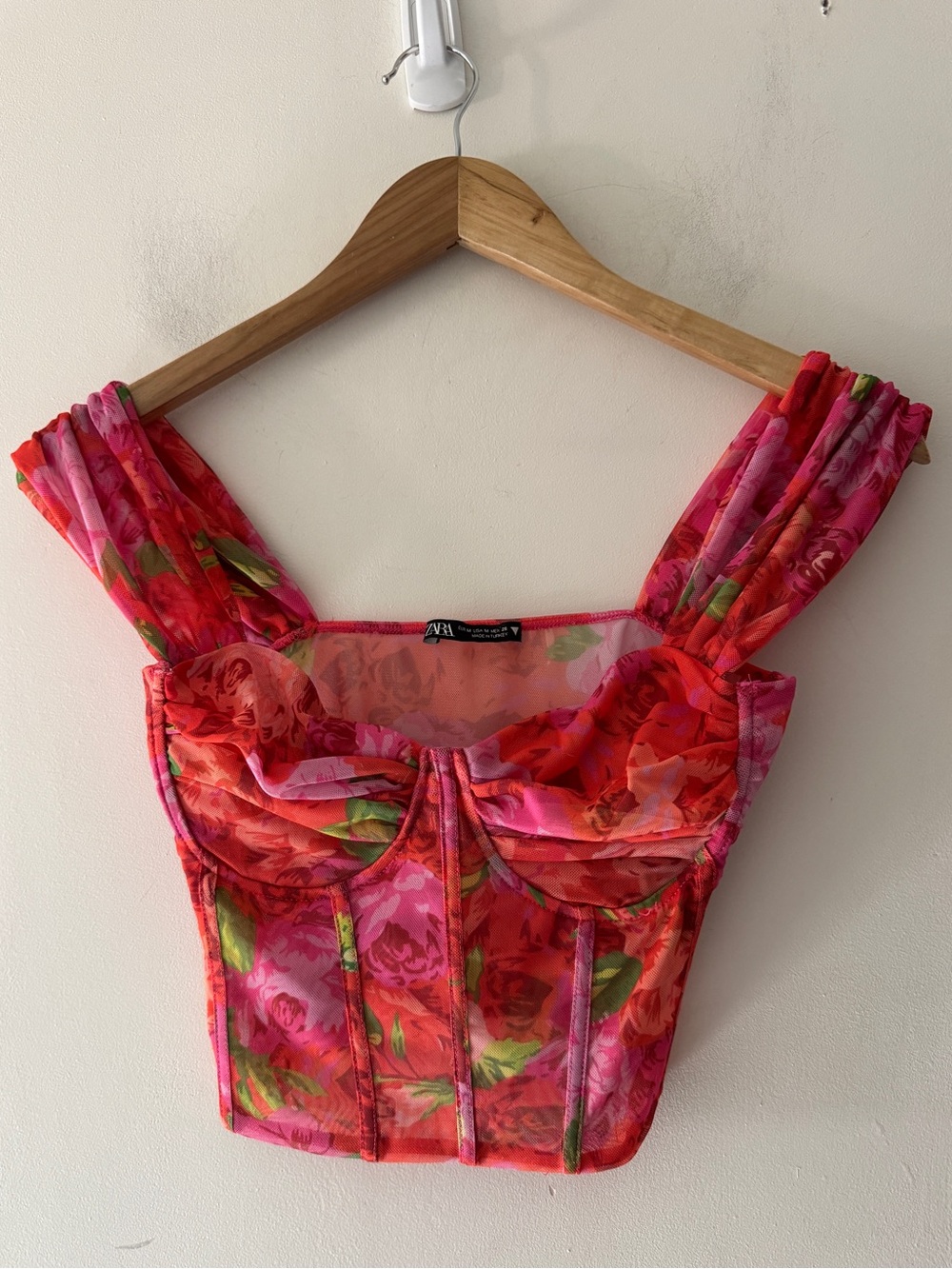 Zara Pink and Red Floral Bustier Top